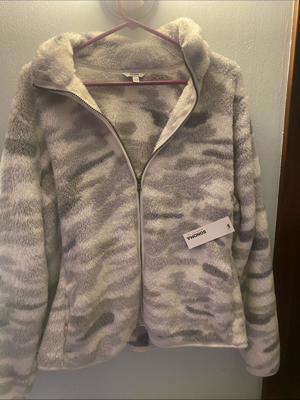 Sonoma Plush Faux-Fur Zip Jacket in Light Gray Camo